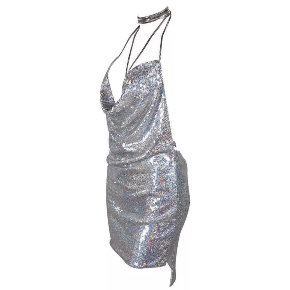 Silver hologram iridescent sequin glam dress plunge holiday party new years club - Picture 2 of 6